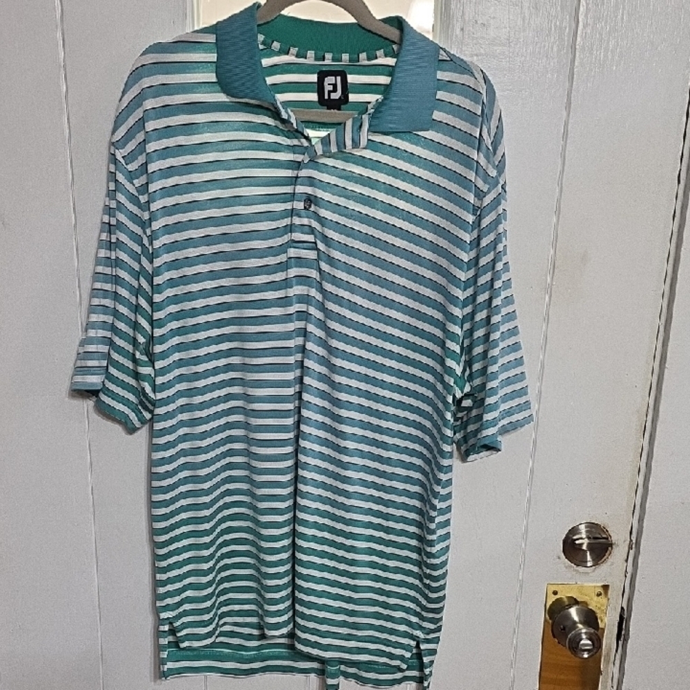 Foot Joy Men's Polo Shirt Aqua Striped Collar Embroidered Golf Comfort Sz‎ L EUC